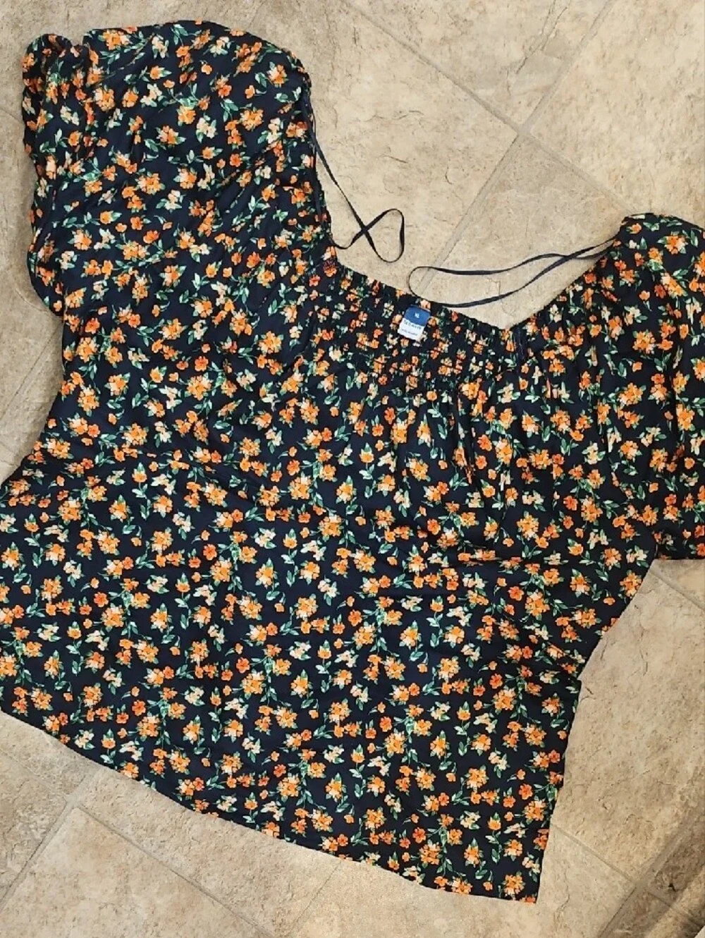 Old Navy Black Floral Puff-Sleeve Top with Orange Blossoms